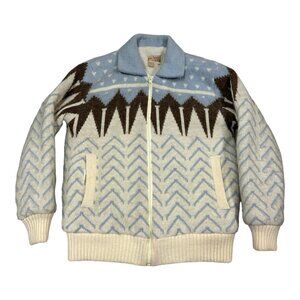 Vintage Carson Pirie Scott Aztec‎ Pattern Full Zip Jacket Wool Blend White Blue